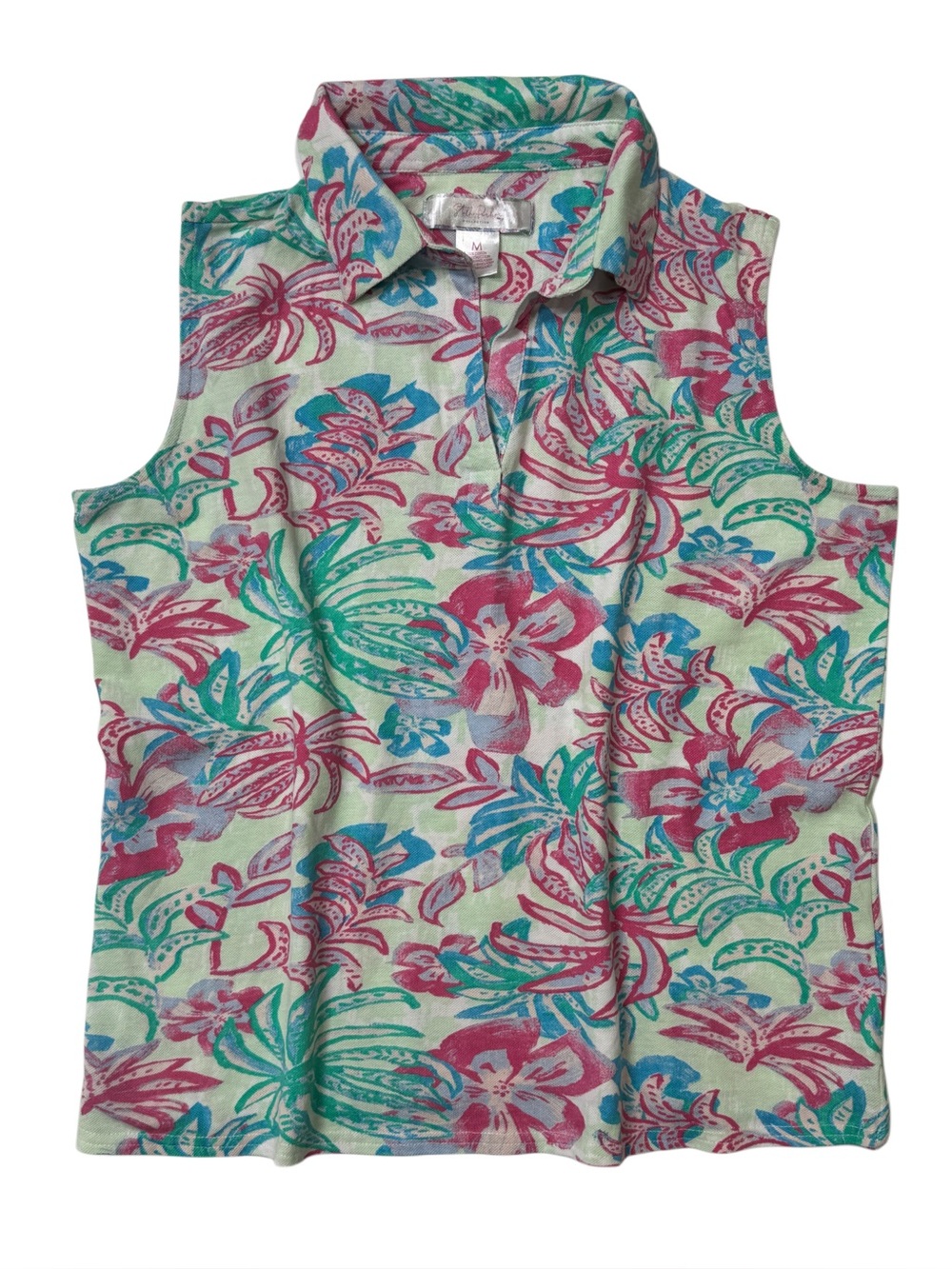 {Stella Parker} Green Tropical Sleeveless V-Neck Tank Top Golf Polo Shirt WAT47